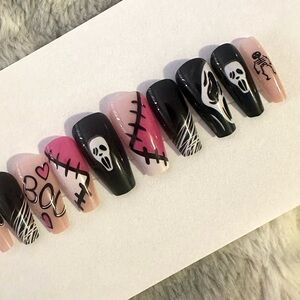 Halloween Nail Art Set with Pink and Black Designs